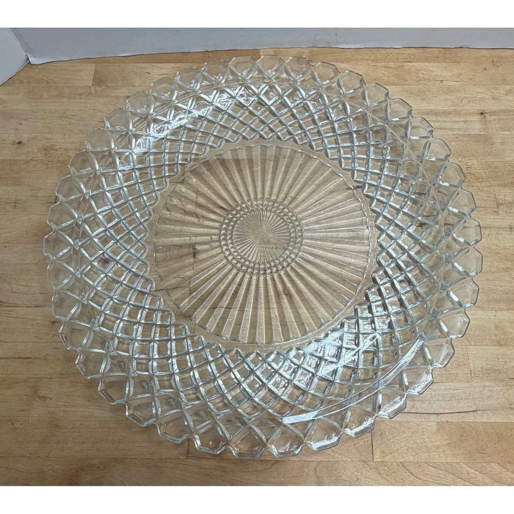 Vintage Clear Pressed Glass Serving Platter Diamond Starburst Holiday 14